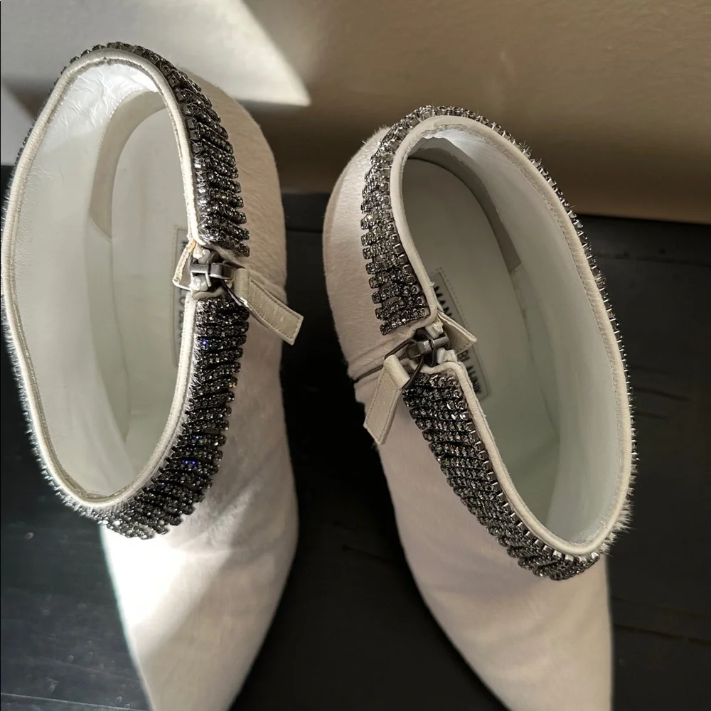 Manolo Blahnik Bomabi Calf Hair & Crystal White Ankle Pointed Toe Booties 38